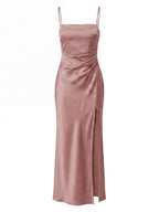 Women’s Dress – Satin Spaghetti-Strap Maxi Dress with Side Slit