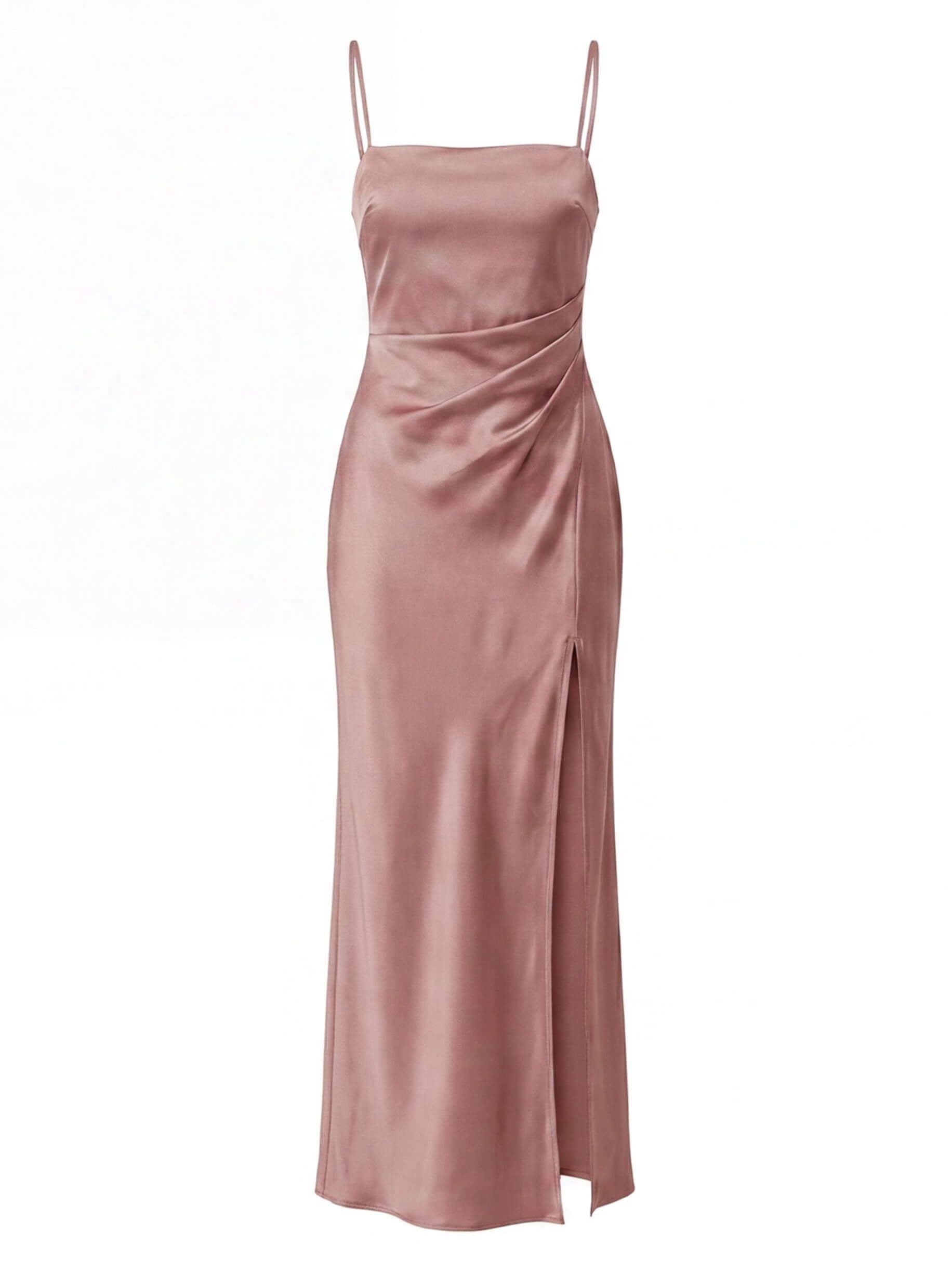 Women’s Dress – Satin Spaghetti-Strap Maxi Dress with Side Slit