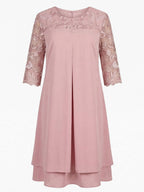 Plus Size Women’s Elegant Chiffon Dress – Embroidered Lace Yoke & Flowing Layered Hem