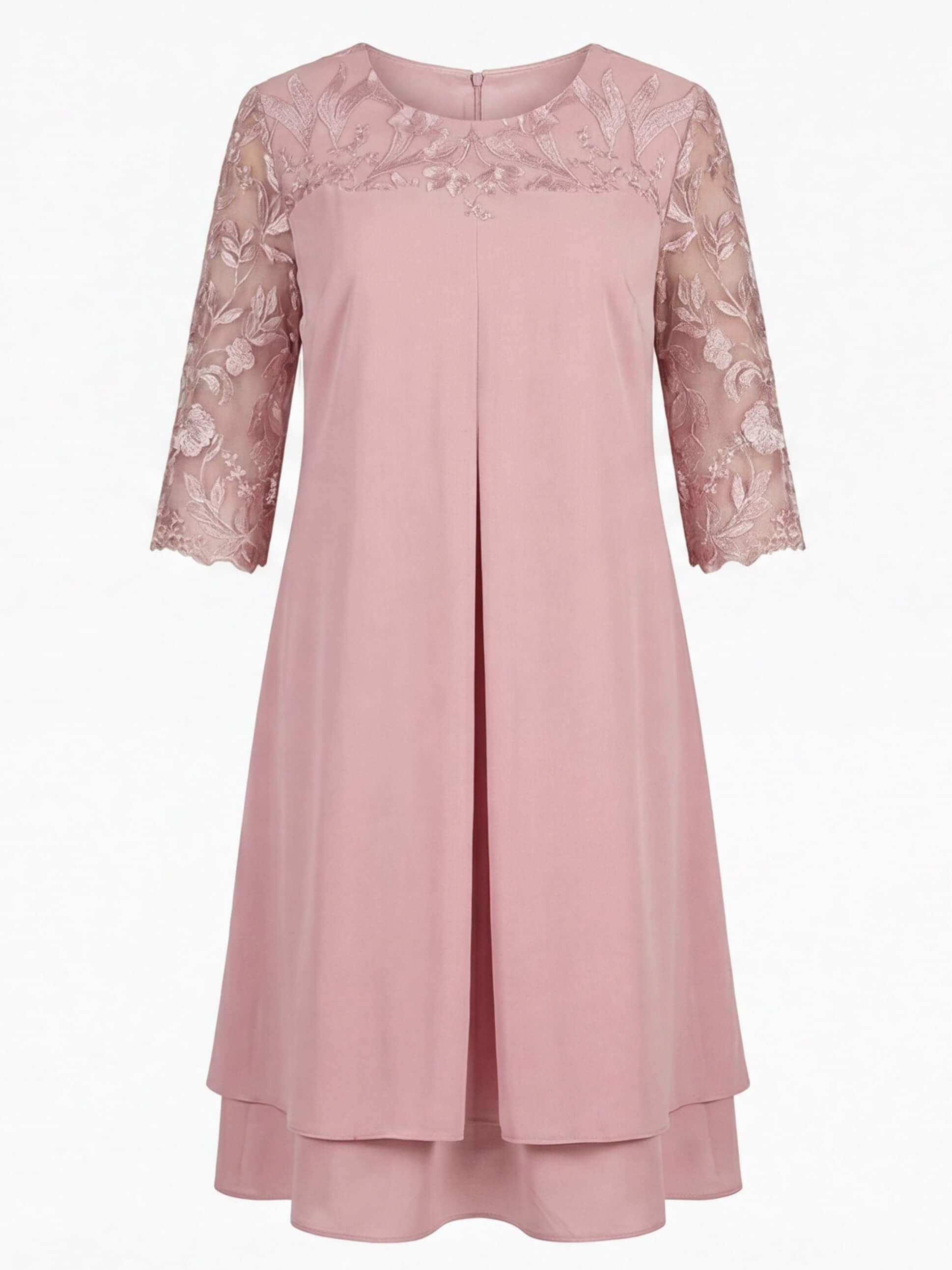Plus Size Women’s Elegant Chiffon Dress – Embroidered Lace Yoke & Flowing Layered Hem
