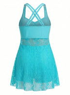 Women’s Lace-Look Swim Dress Style Hem One-Piece Swimsuit