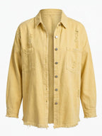 Women’s Washed Denim Overshirt Jacket – Frayed Hem, Chest Pockets &Relaxed Retro Fit
