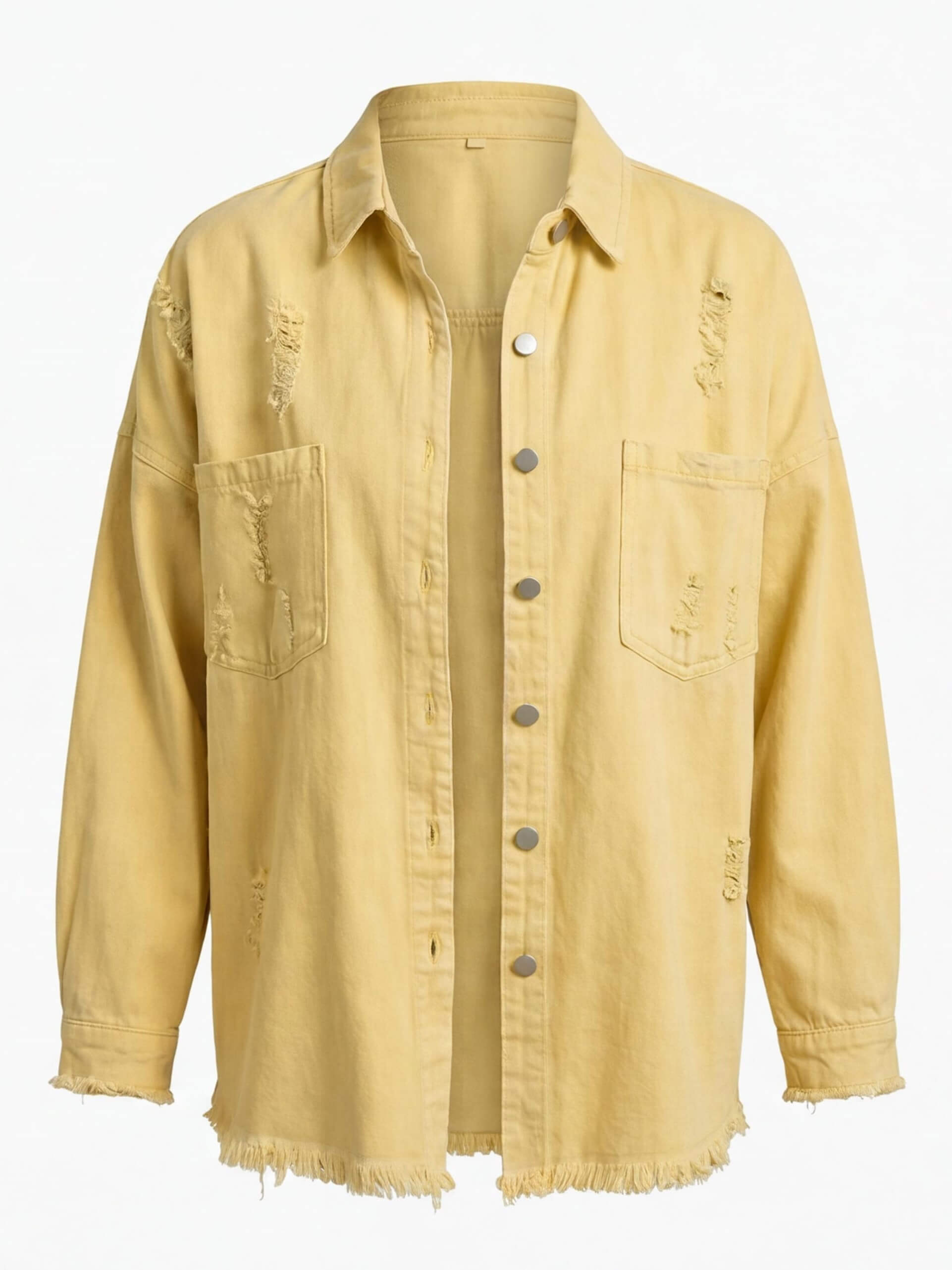 Women’s Washed Denim Overshirt Jacket – Frayed Hem, Chest Pockets &Relaxed Retro Fit