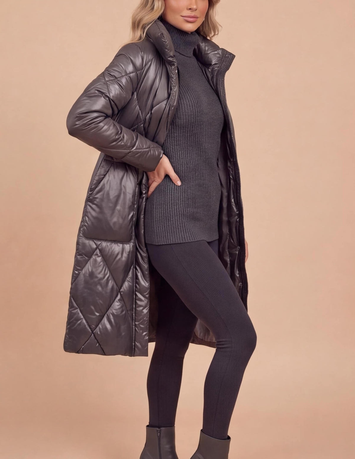 Women’s Long Quilted Puffer Coat with High Collar