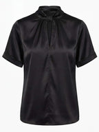 Satin Blouse with Keyhole Neckline and Short Sleeves