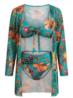 Women’s Tropical Three-Piece Bikini Set with Cover-Up