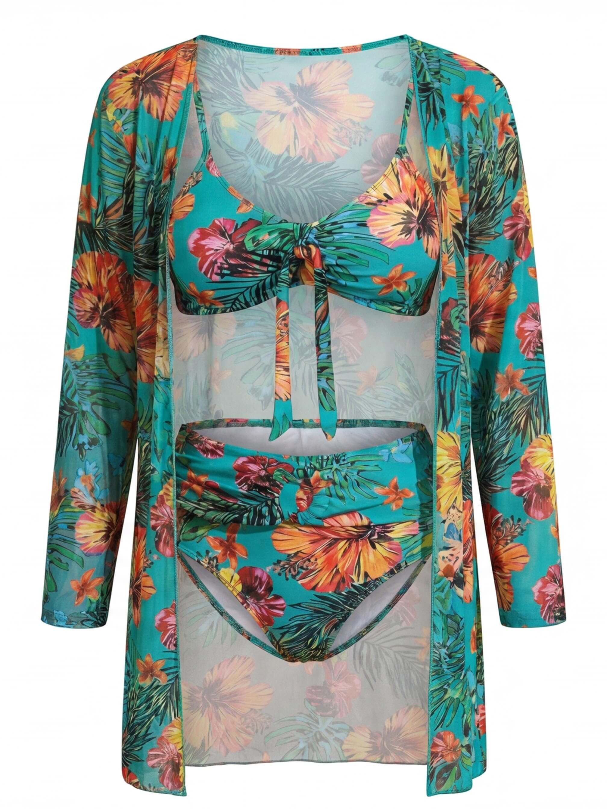 Women’s Tropical Three-Piece Bikini Set with Cover-Up