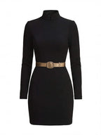 Women High-Neck Mini Dress with Belt