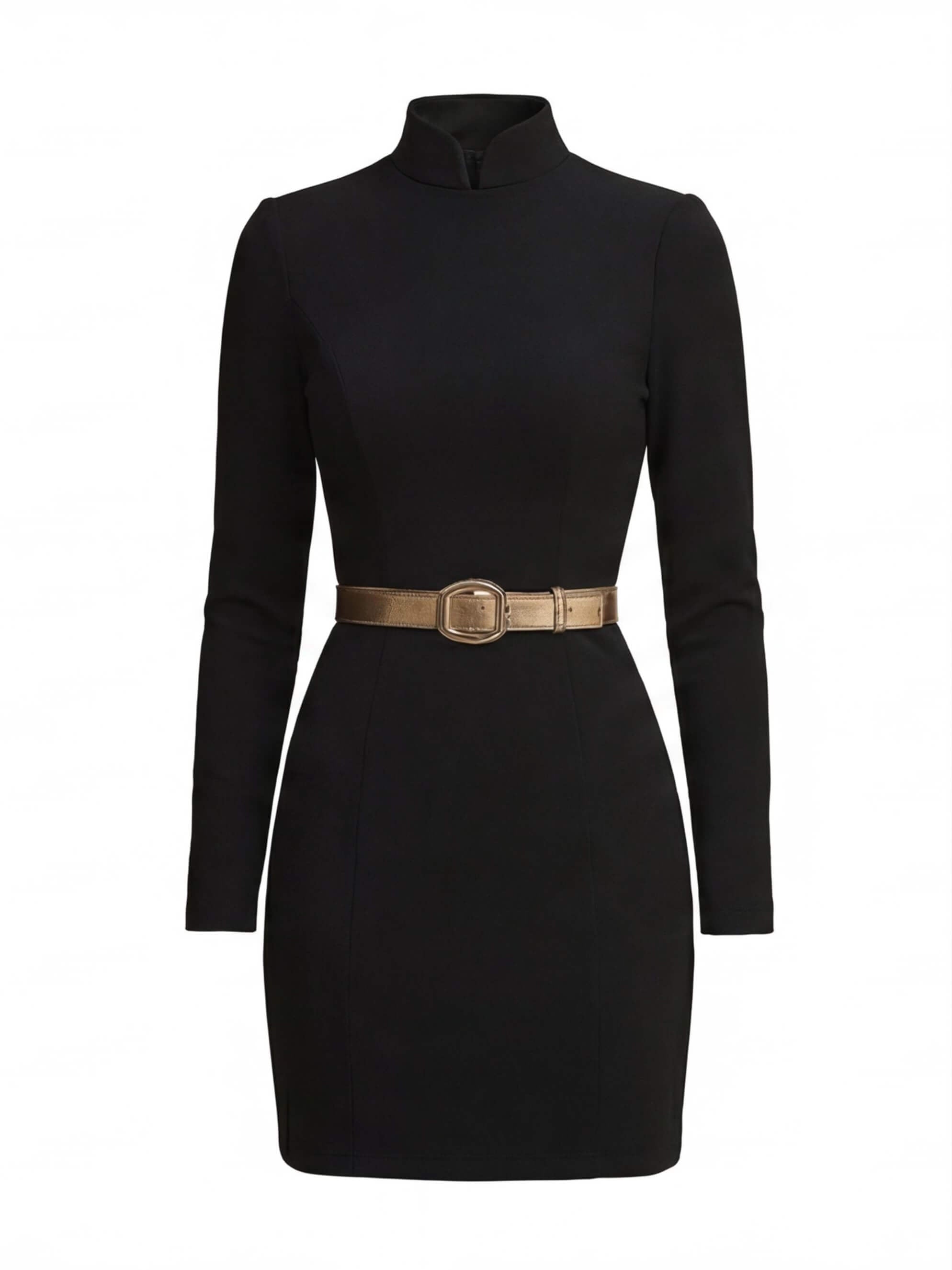 Women High-Neck Mini Dress with Belt