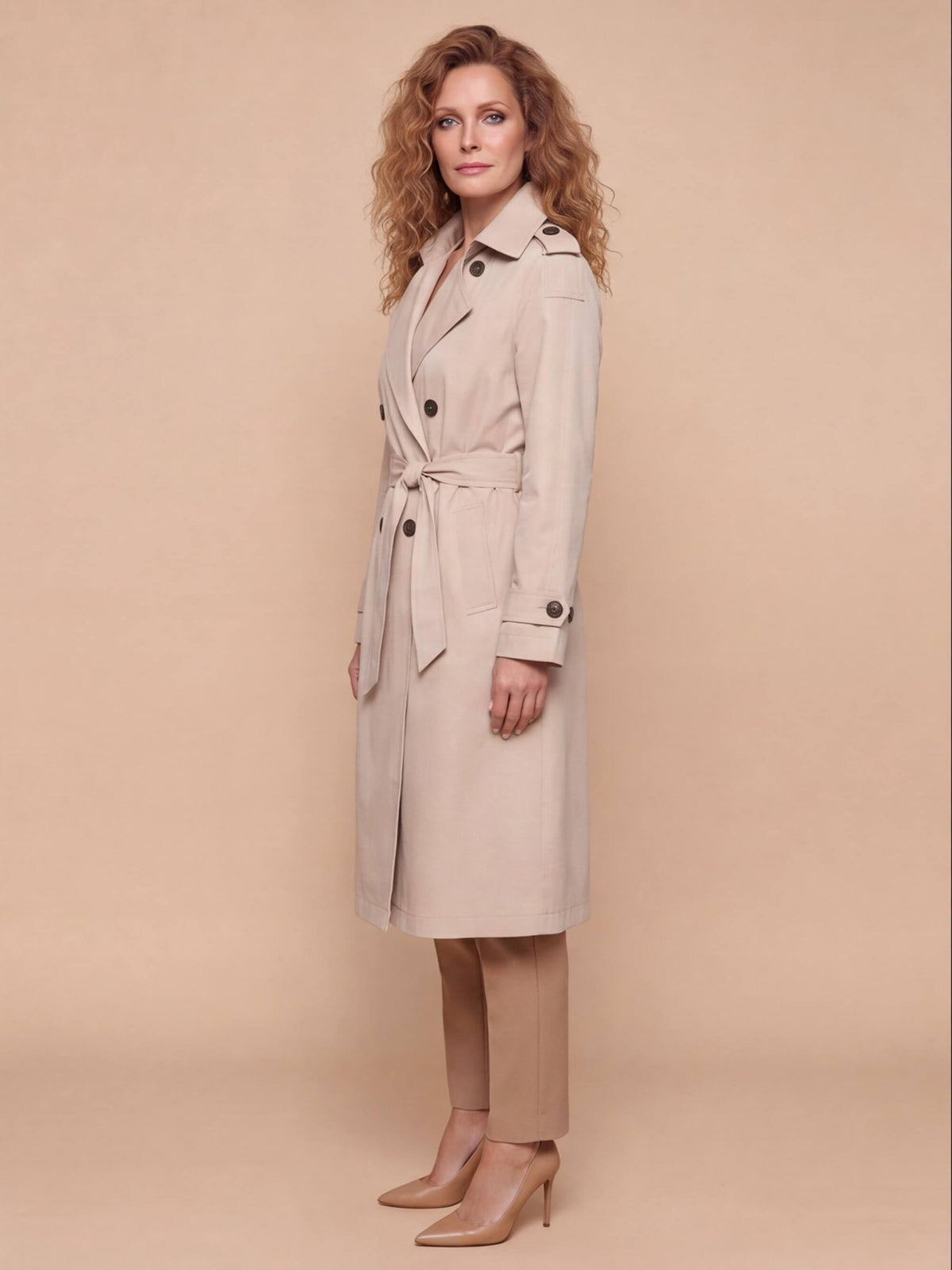 Women’s Double-Breasted Belted Trench Coat with Shoulder Tabs