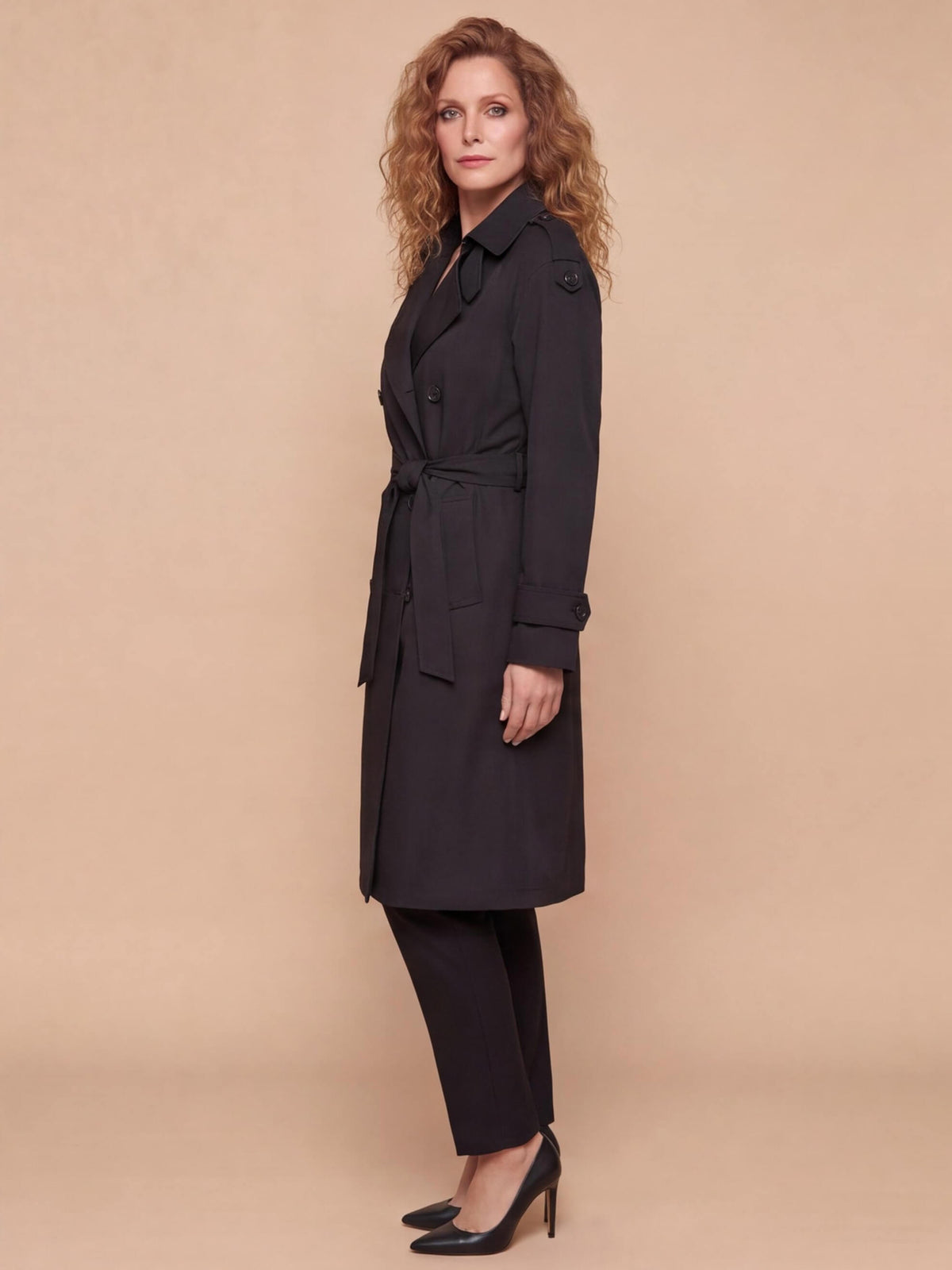 Women’s Double-Breasted Belted Trench Coat with Longline Silhouette