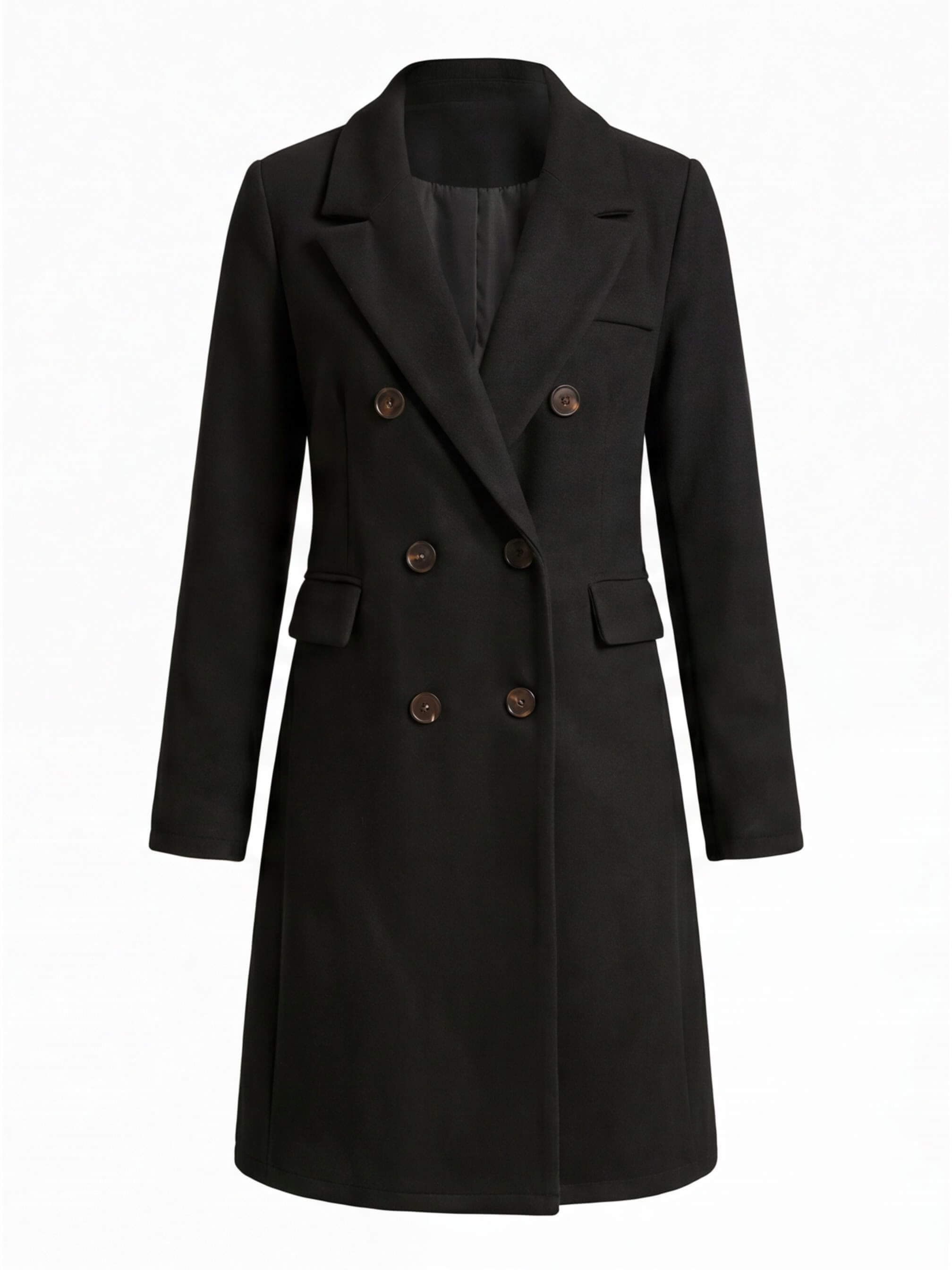 Women’s Double-Breasted Mid-Length Coat – Tailored Lapel & Waist-Defining Fit