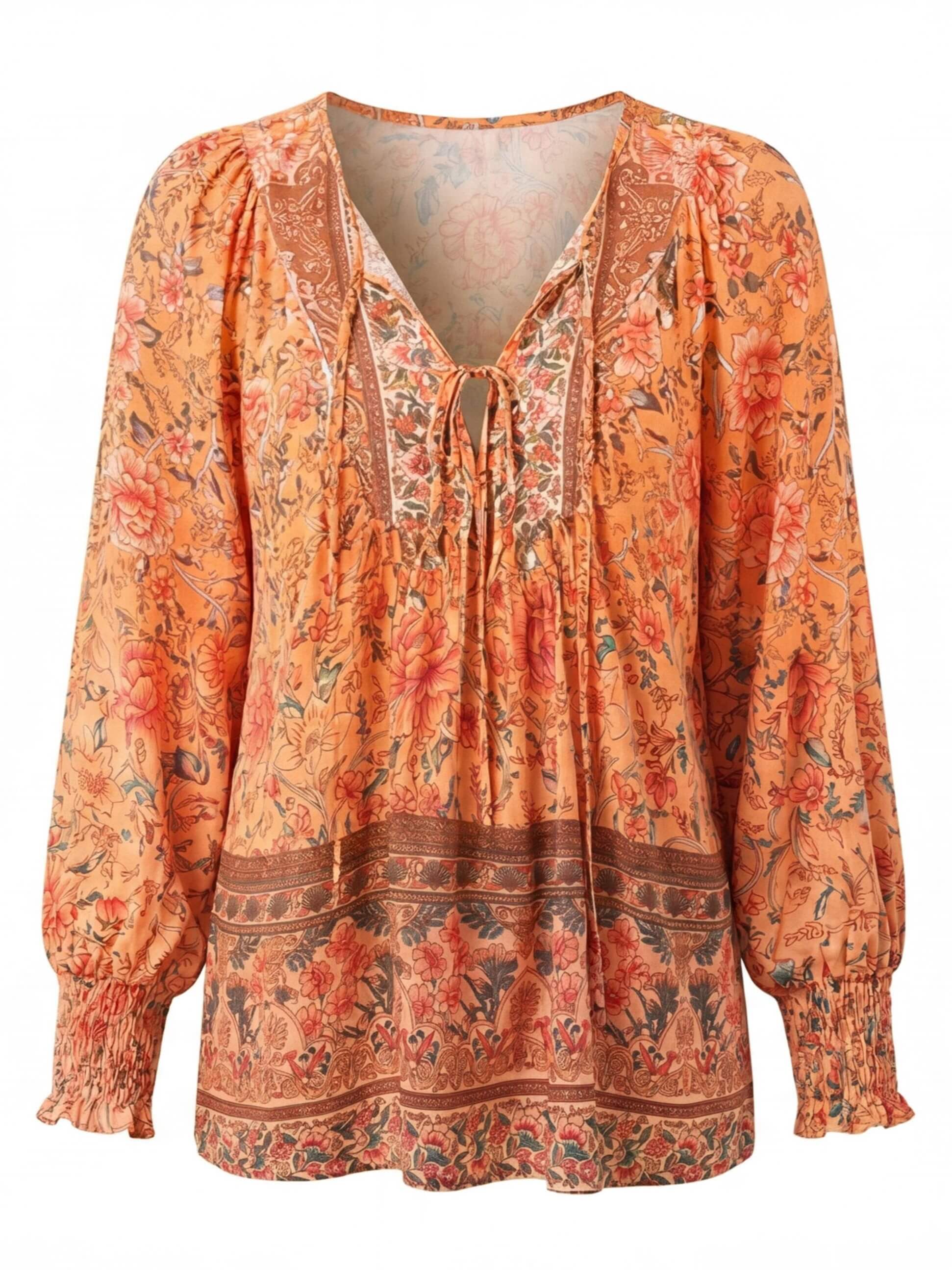 Women’s Floral Tie Neck Smocked Sleeve Blouse