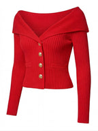 Elegant off-the-shoulder women’s cardigan with gold buttons