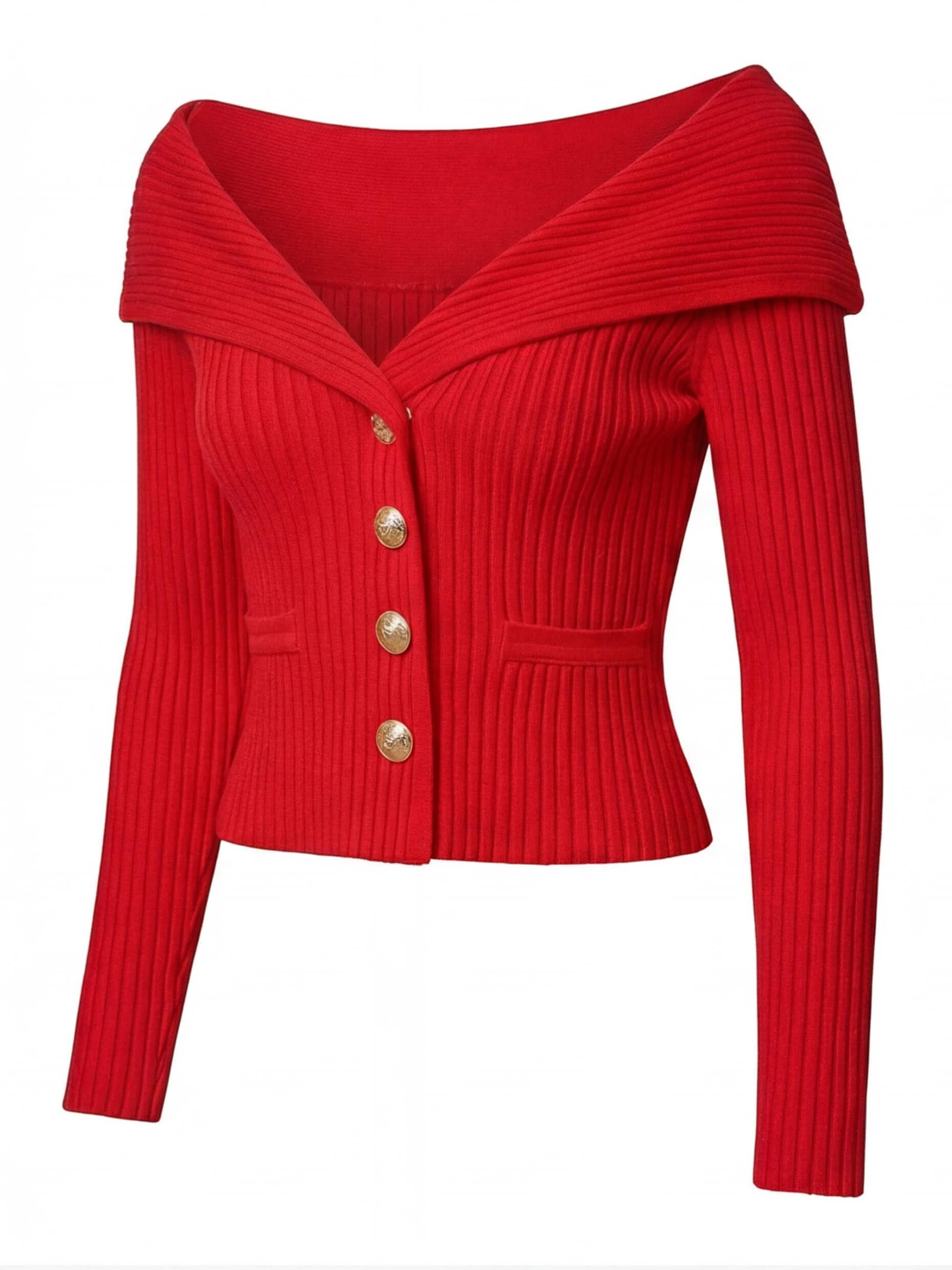 Elegant off-the-shoulder women’s cardigan with gold buttons