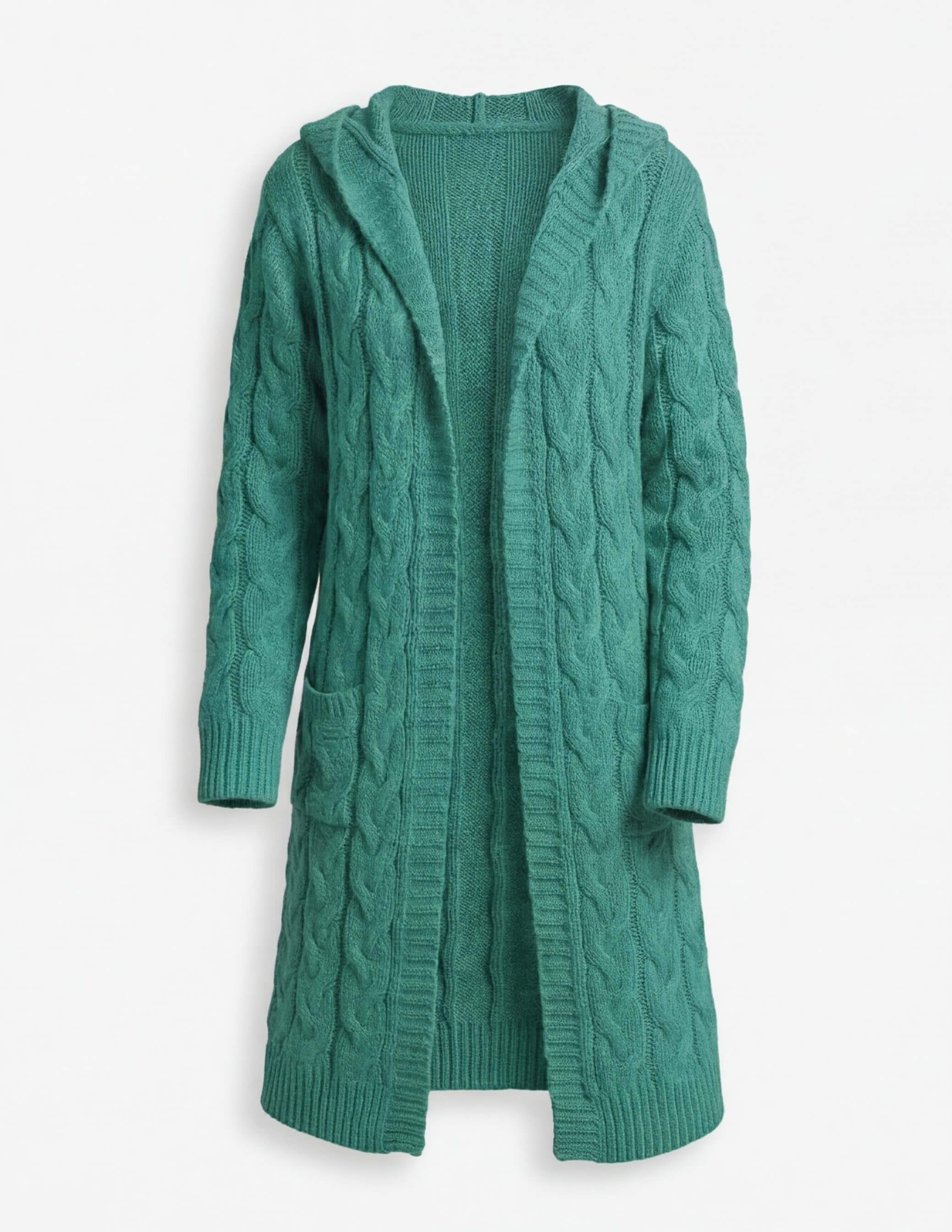 Women’s Hooded Cable Knit Cardigan – Longline Warmth & Pocket Comfort