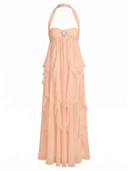 Women’s Chiffon Halter Maxi Dress – Romantic Layered Silhouette