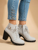 Women’s Mid-Heel Ankle Boots –  Side Zipper & Buckle Detail