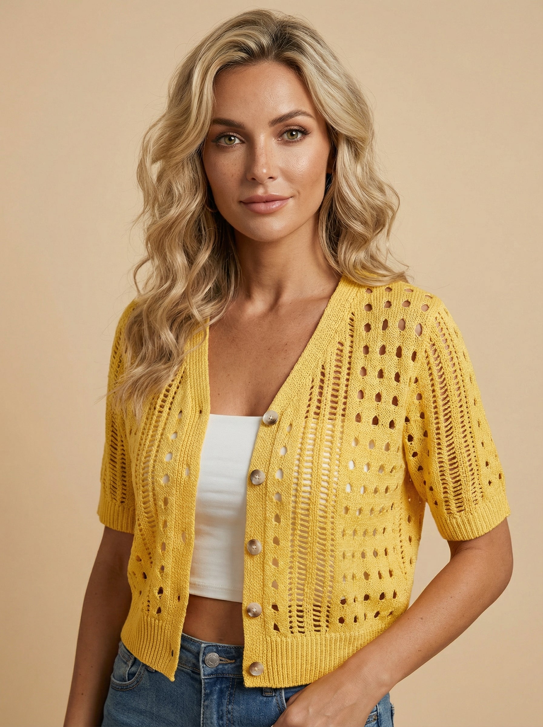 Women’s Crochet Knit Cardigan – V-Neck Button Front & Lightweight Elegance