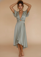 Women’s Dress – Tie-Front Flutter Sleeve Summer Midi Dress