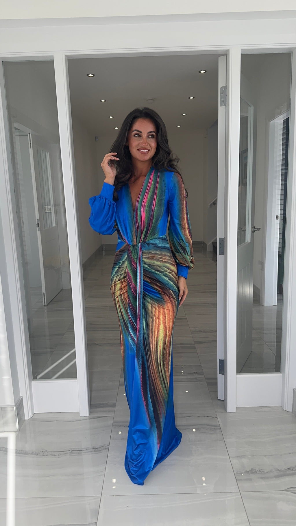 Elara Long Sleeve Printed Maxi – Blue