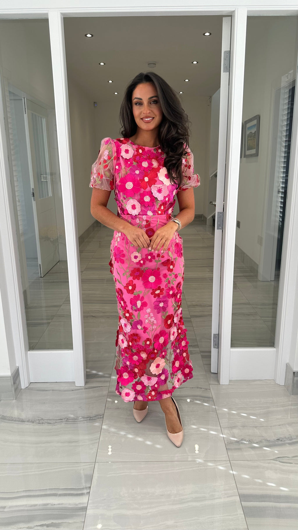 Maribel 3D Floral Midi Dress – Pink