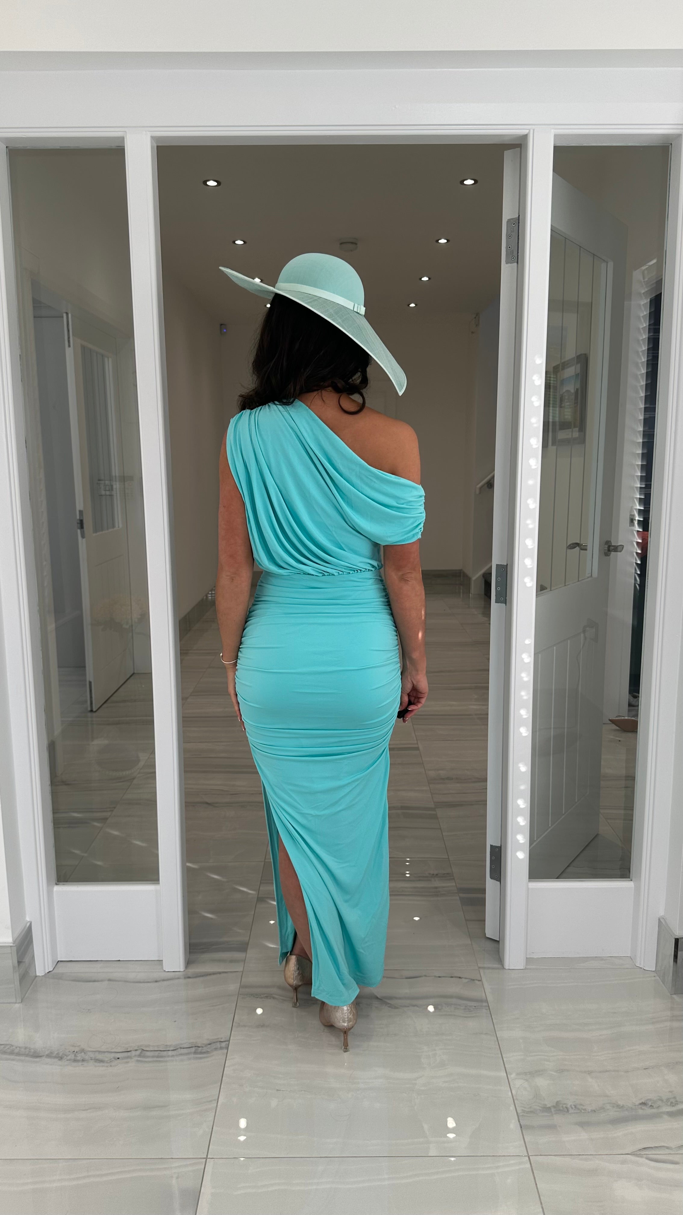 Elena Ruched Off-Shoulder Dress – Aqua