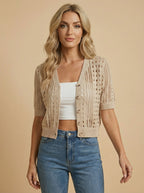 Women’s Crochet Knit Cardigan – V-Neck Button Front & Lightweight Elegance