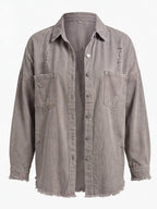 Women’s Washed Denim Overshirt Jacket – Frayed Hem, Chest Pockets &Relaxed Retro Fit