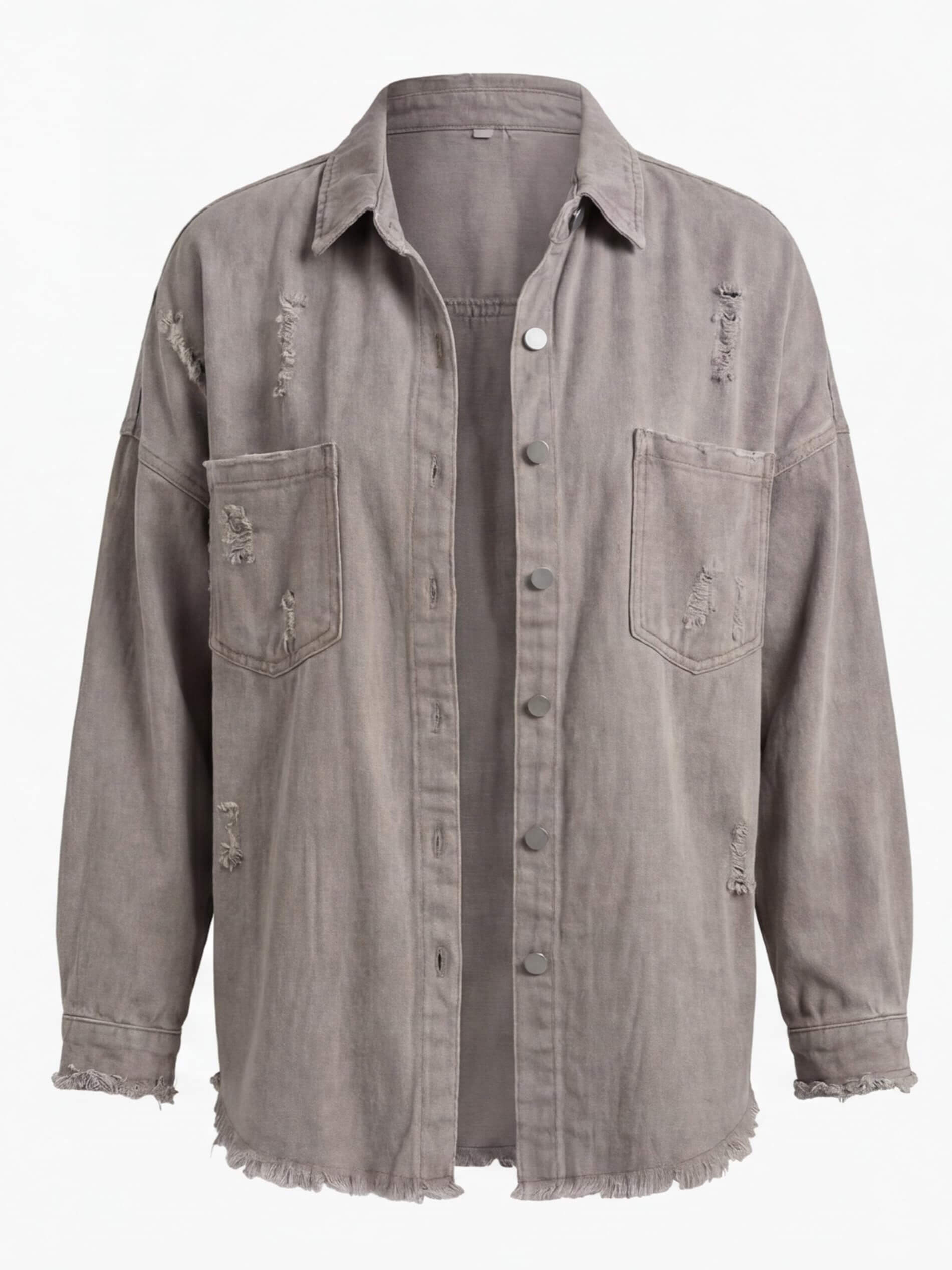 Women’s Washed Denim Overshirt Jacket – Frayed Hem, Chest Pockets &Relaxed Retro Fit