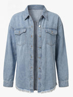 Women’s Washed Denim Jacket – Frayed Hem & Relaxed Street Style Fit