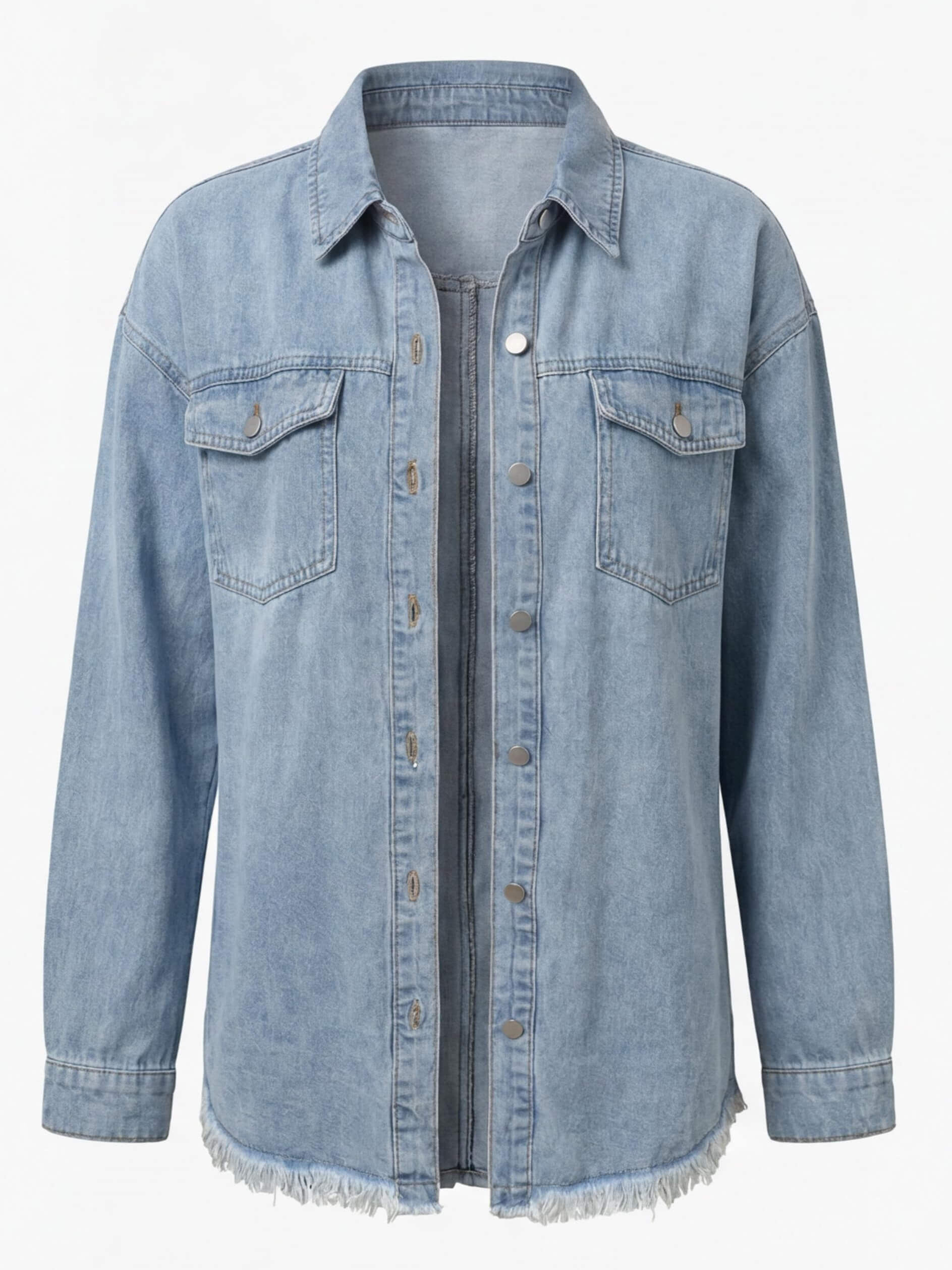 Women’s Washed Denim Jacket – Frayed Hem & Relaxed Street Style Fit