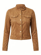 Women’s Suede-Look Button Jacket – Stand Collar - Spring/Fall