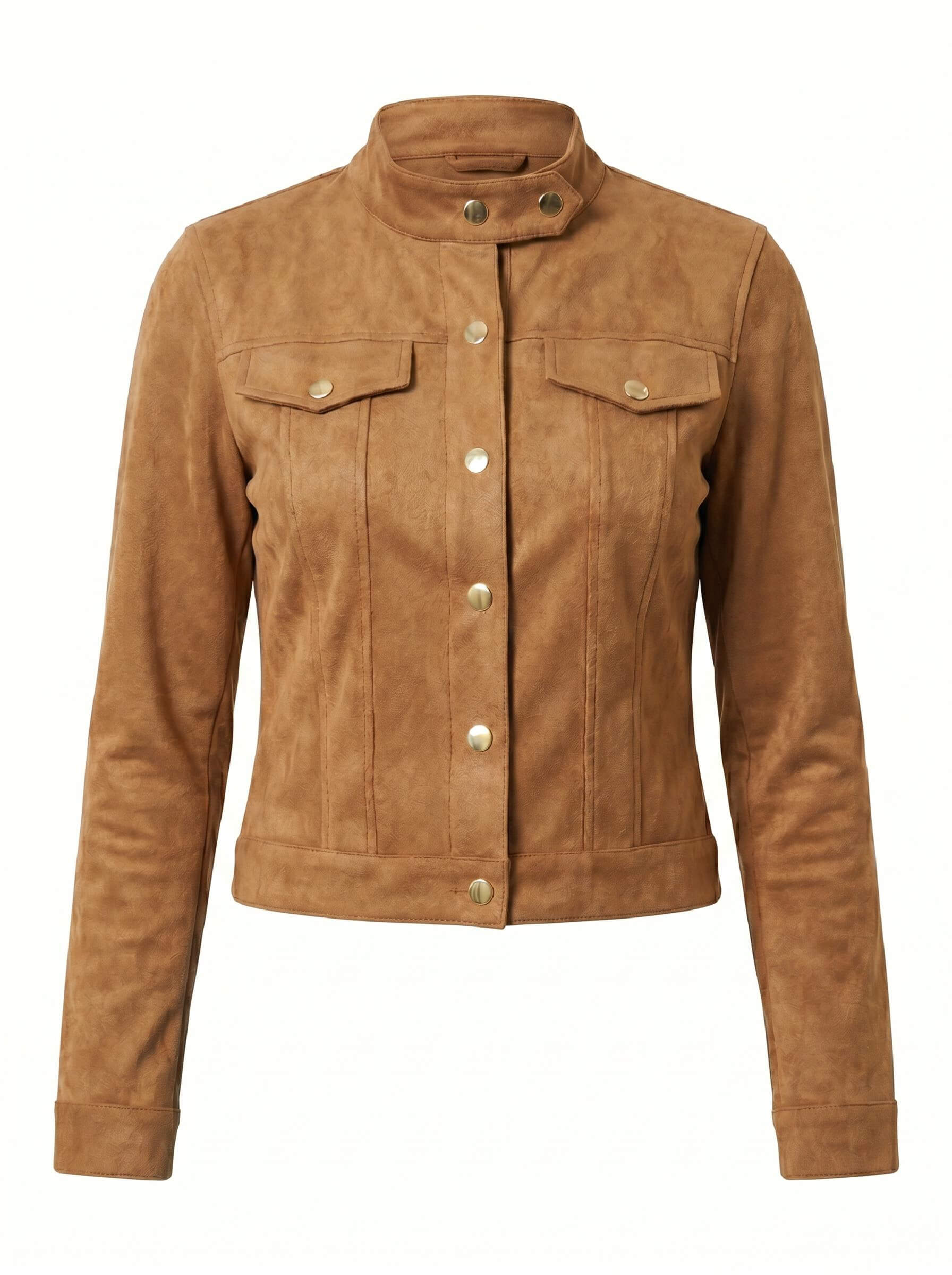 Women’s Suede-Look Button Jacket – Stand Collar - Spring/Fall