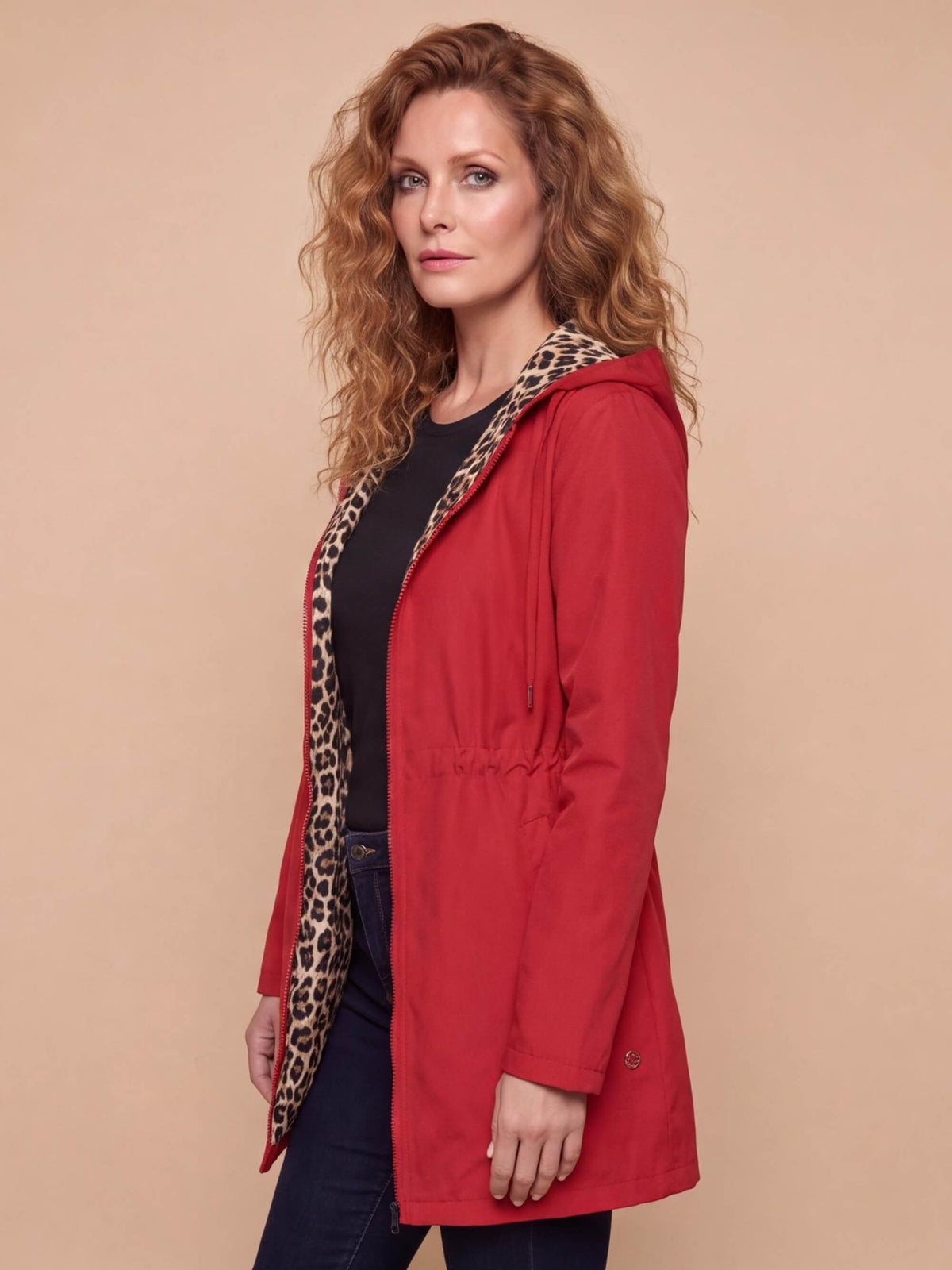 Women’s Hooded Utility Jacket with Animal-Print Trim