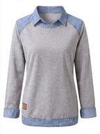Women’s Denim Collar Detail Long-Sleeve Knit Top