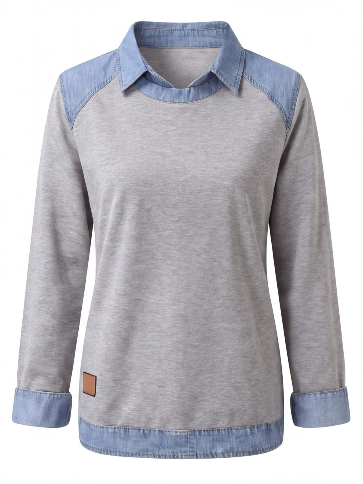 Women’s Denim Collar Detail Long-Sleeve Knit Top