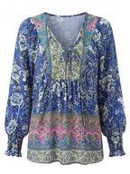 Women’s Floral Tie Neck Smocked Sleeve Blouse