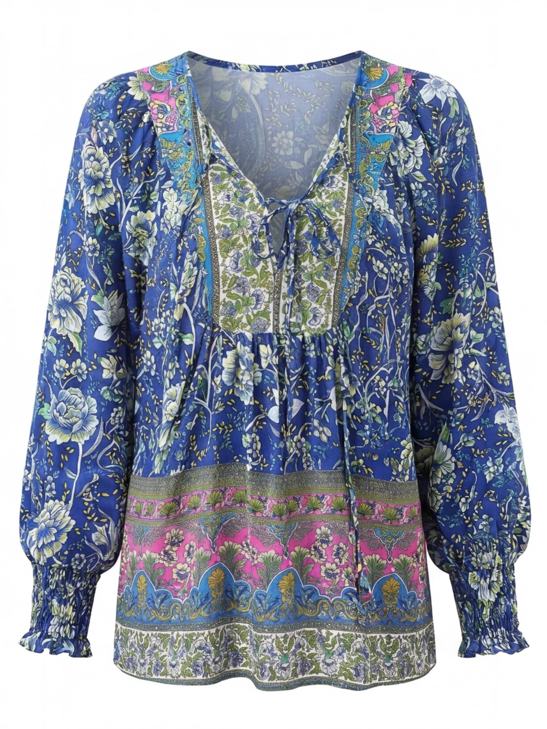 Women’s Floral Tie Neck Smocked Sleeve Blouse