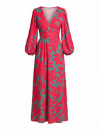 Women’s Dress – Deep V-Neck Long-Sleeve Satin Maxi Dress