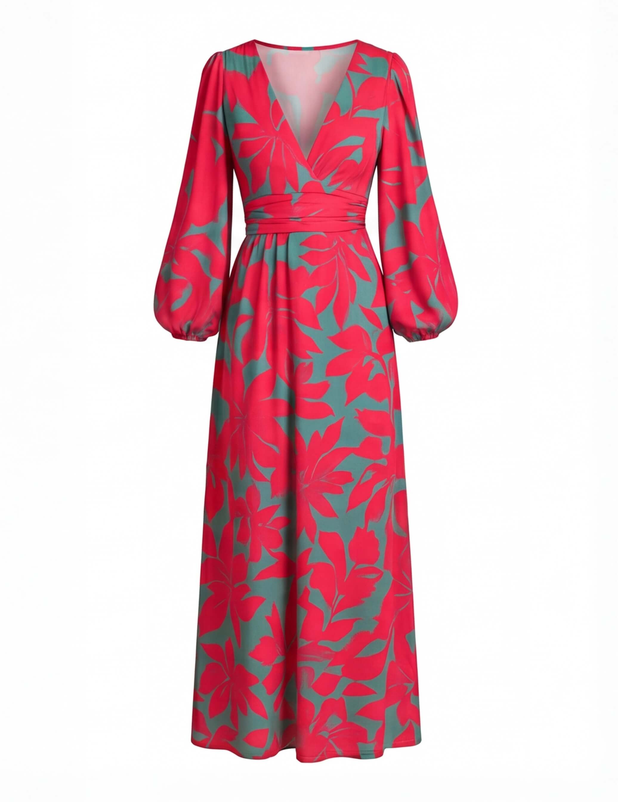 Women’s Dress – Deep V-Neck Long-Sleeve Satin Maxi Dress