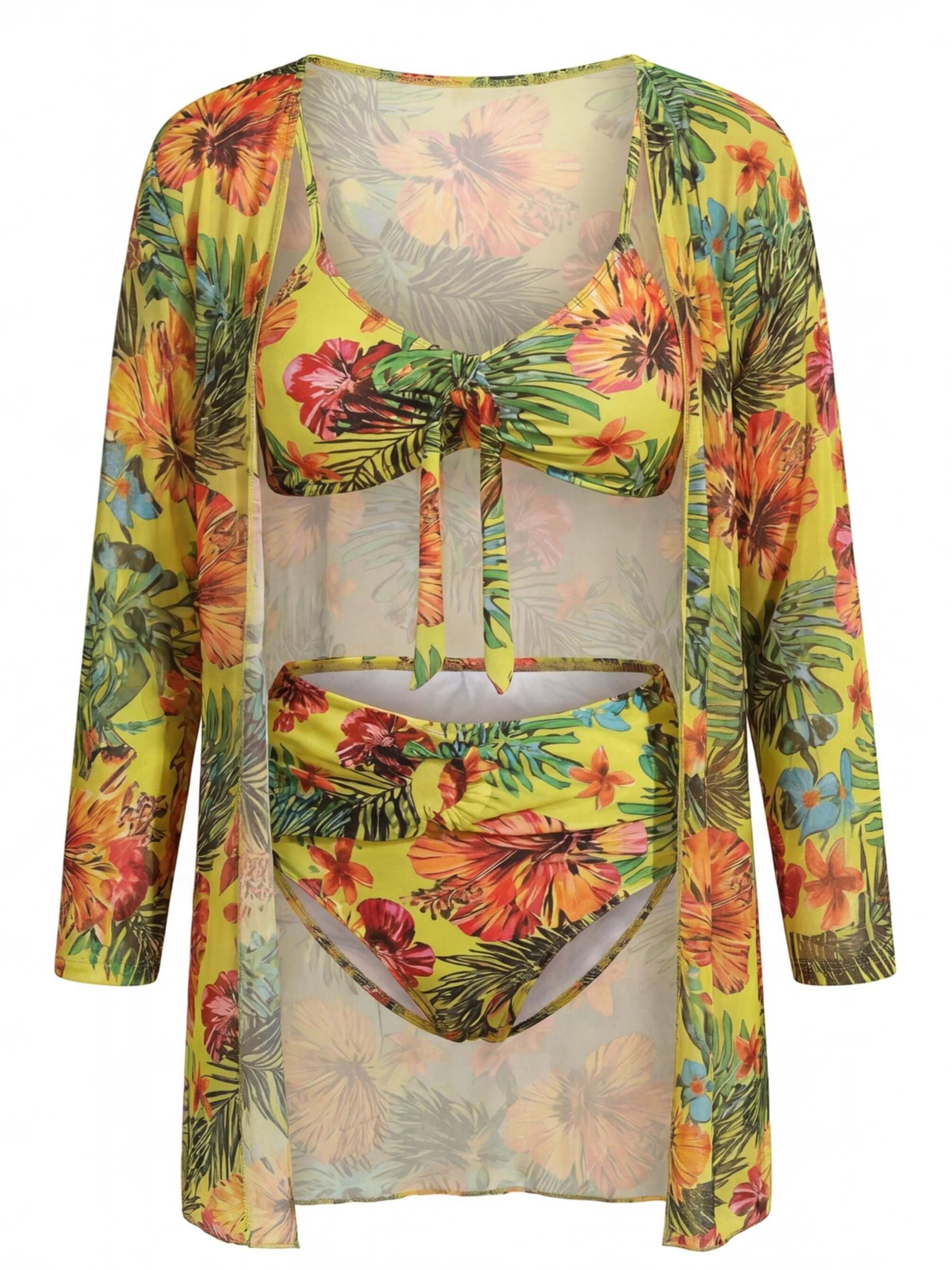 Women’s Tropical Three-Piece Bikini Set with Cover-Up