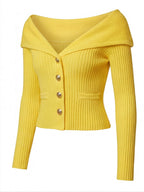 Elegant off-the-shoulder women’s cardigan with gold buttons