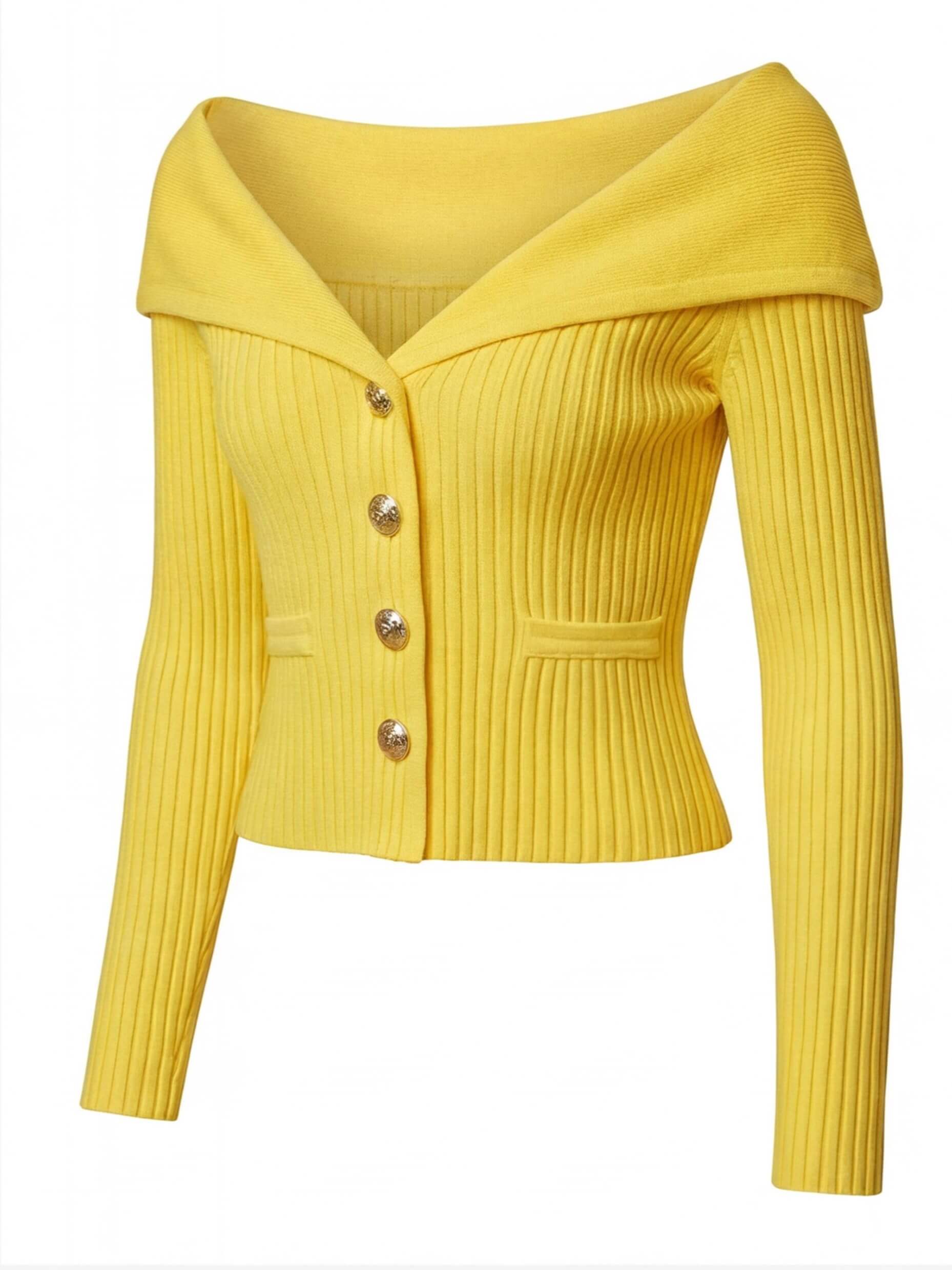 Elegant off-the-shoulder women’s cardigan with gold buttons