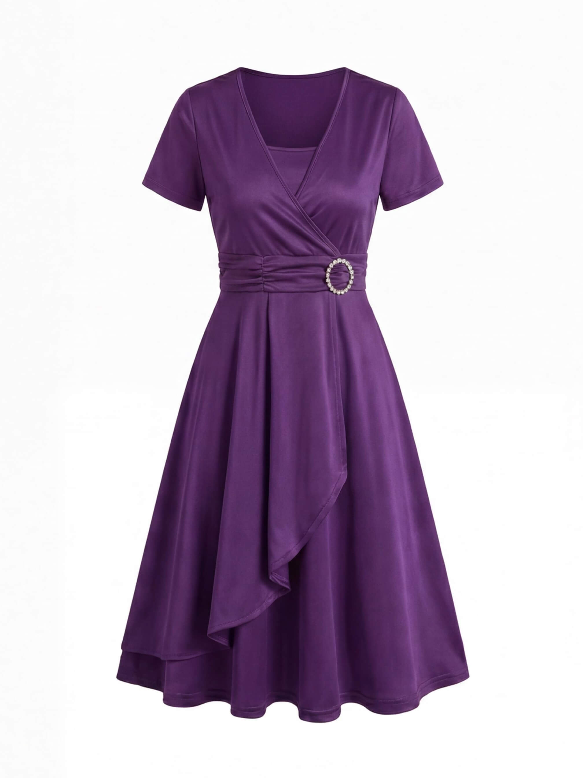 Elegant Women’s V-Neck Dress – Waist Detail with Rhinestone Accent & Asymmetrical Hem