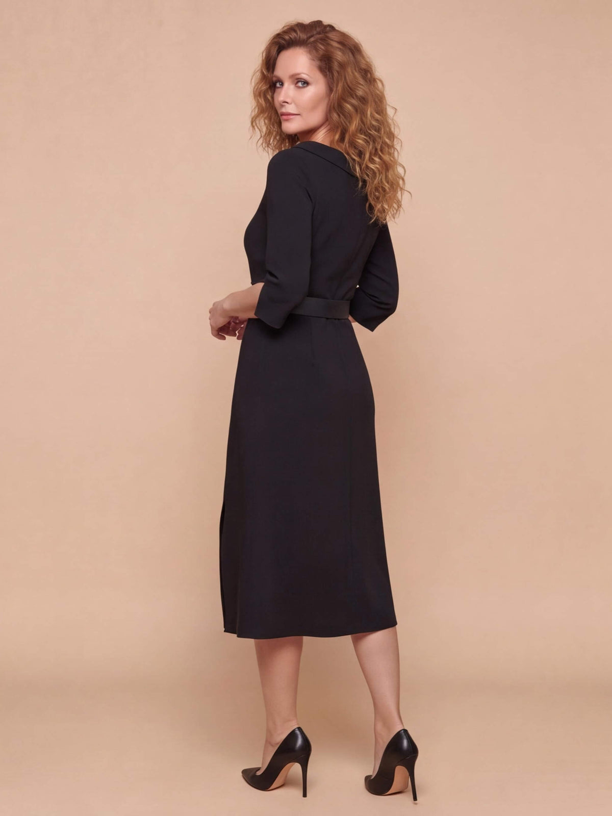 Women’s Belted Long-Sleeve Midi Dress