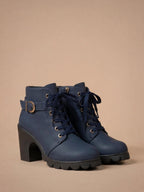 Women’s Mid-Heel Ankle Boots –  Side Zipper & Buckle Detail