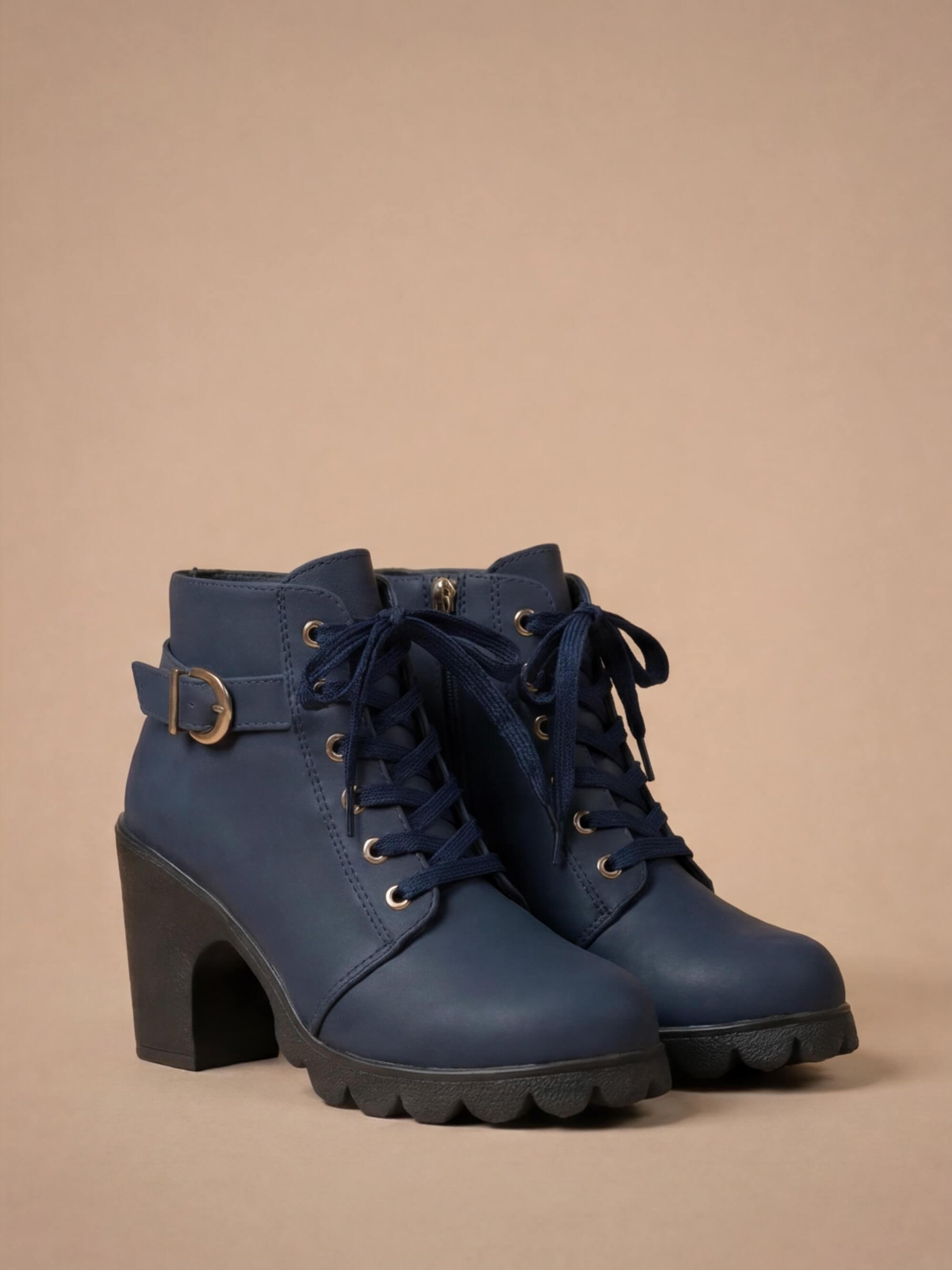 Women’s Mid-Heel Ankle Boots –  Side Zipper & Buckle Detail