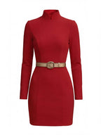 Women High-Neck Mini Dress with Belt