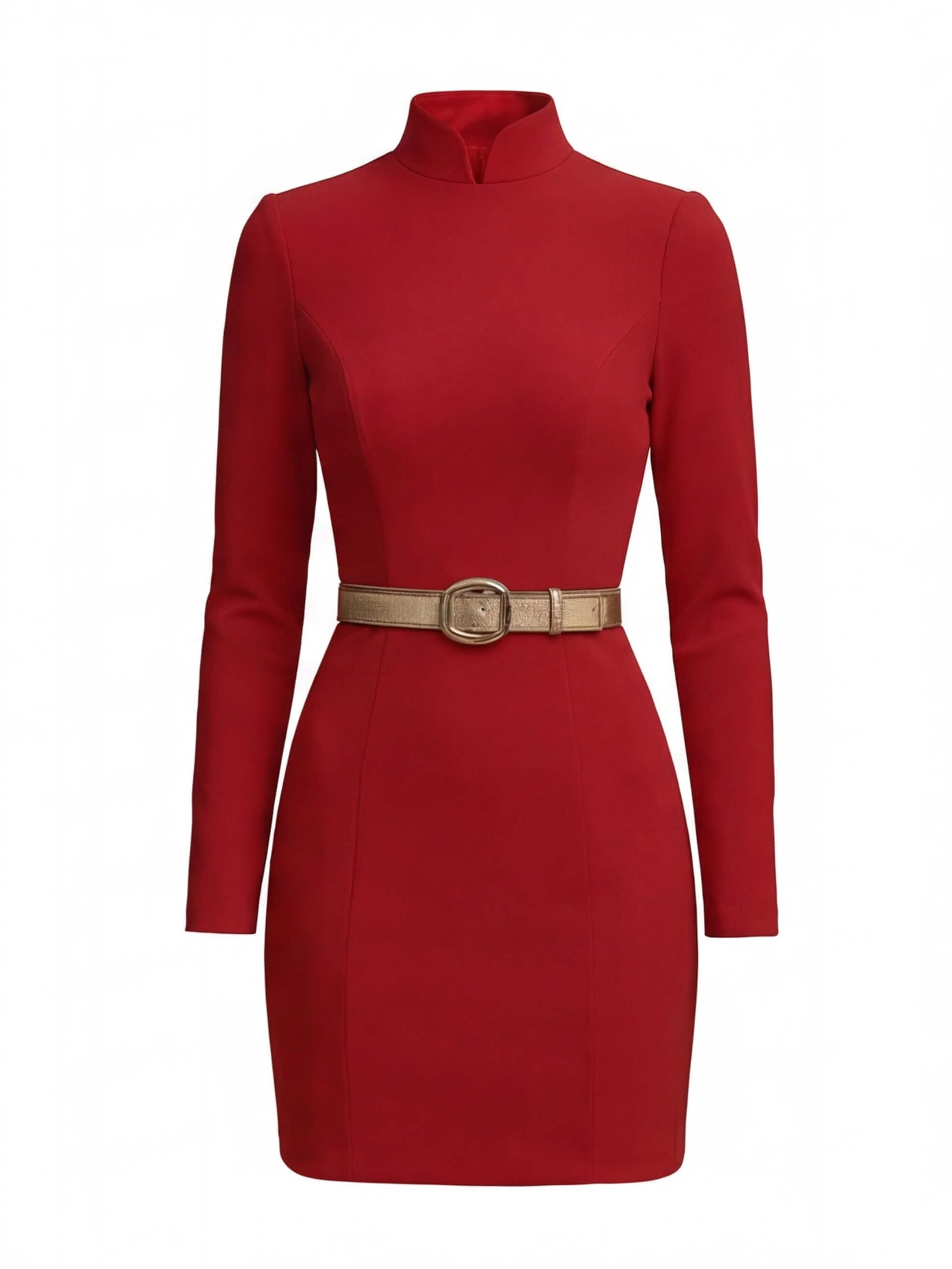Women High-Neck Mini Dress with Belt